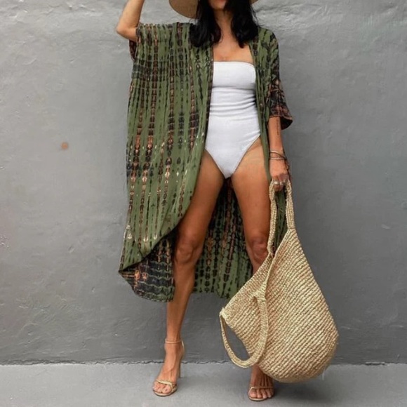 Olive Green Tie Dye Boho Swim Coverup Kimono Robe - Picture 2 of 6